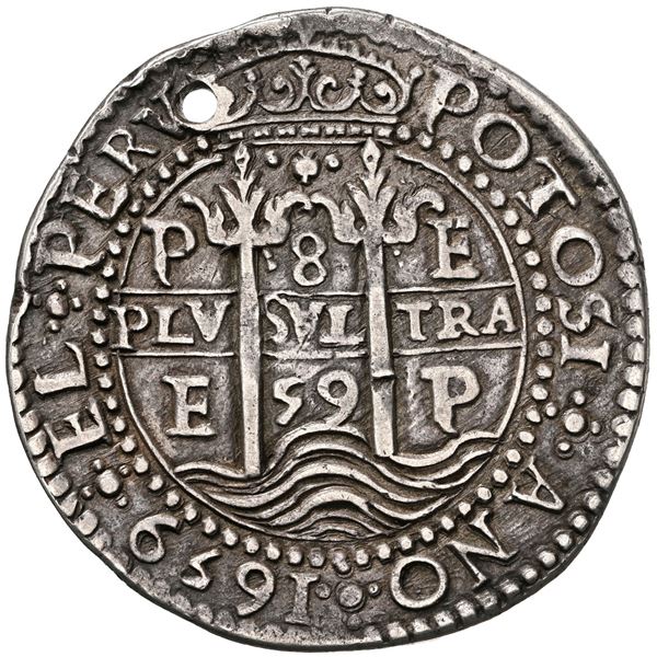 BOLIVIA, Potosí, cob 8 reales Royal (galano), 1659 E, rare, NGC XF details / holed.