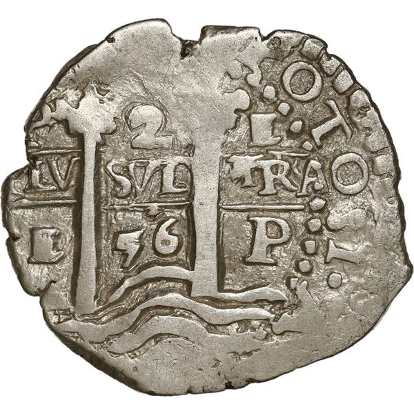BOLIVIA, Potosí, cob 2 reales, 1656 E, error denomination I above cross, rare, ex-Trastámara.