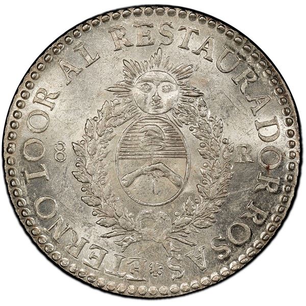 ARGENTINA (La Rioja), 8 reales, 1838 R, coin alignment, PCGS MS63, finest known in PCGS census.