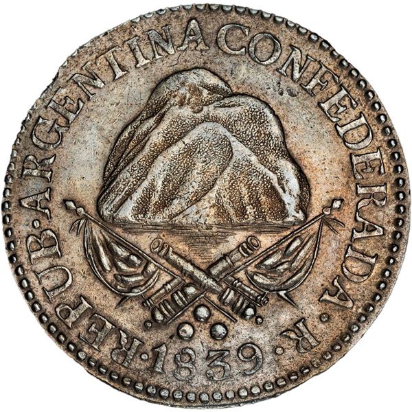 ARGENTINA (La Rioja), 8 reales, 1839-R, normal laurels, PCGS AU53, finest and only example in PCGS c