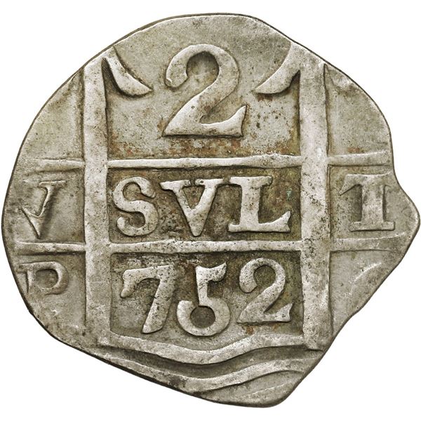 ARGENTINA (Tucumán), "imitation cob" 2 reales, "752" date (1820-1), proper quadrants in cross, rare.