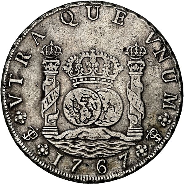 BOLIVIA, Potosí, pillar 8 reales, Charles III, 1767 JR, six-petal rosette below shield, rare, ex-Alm