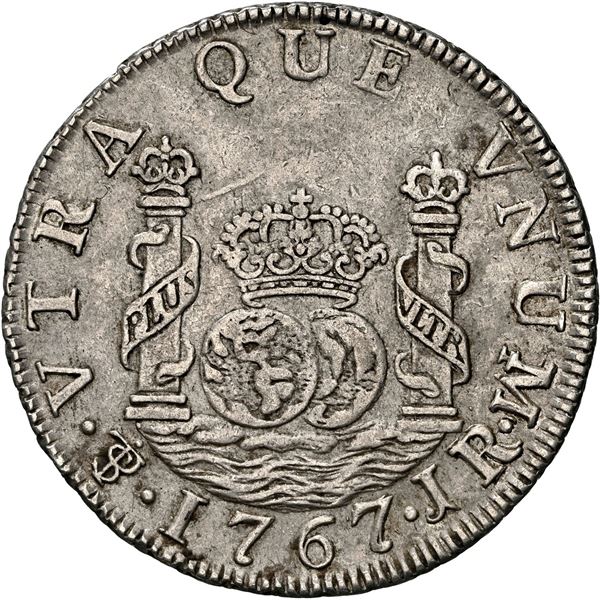 BOLIVIA, Potosí, pillar 2 reales, Charles III, 1767 JR, dot above mintmark, NGC XF 45, finest known 