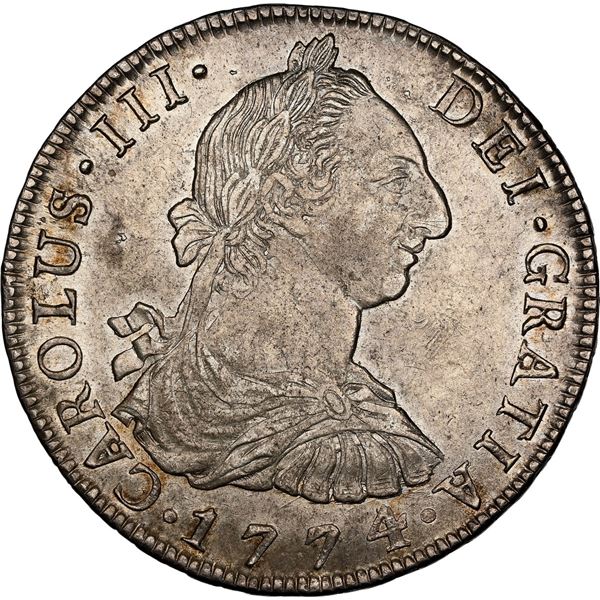 BOLIVIA, Potosí, bust 8 reales, Charles III, 1774 JR, NGC MS 62.