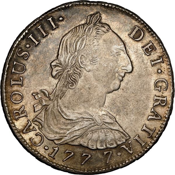 BOLIVIA, Potosí, bust 8 reales, Charles III, 1777 PR, NGC MS 61.