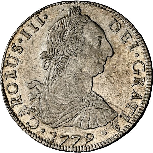 BOLIVIA, Potosí, bust 8 reales, Charles III, 1779 PR, NGC AU 58.