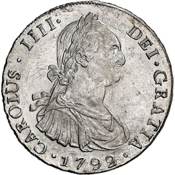 BOLIVIA, Potosí, bust 8 reales, Charles IV, 1792 PR, NGC MS 61, "top pop."