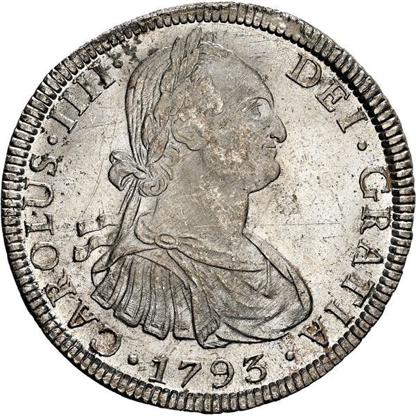 BOLIVIA, Potosí, bust 8 reales, Charles IV, 1793 PR, NGC MS 63+, "top pop."