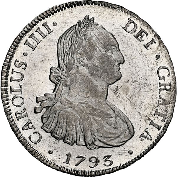 BOLIVIA, Potosí, bust 8 reales, Charles IV, 1793 PR, NGC MS 62.