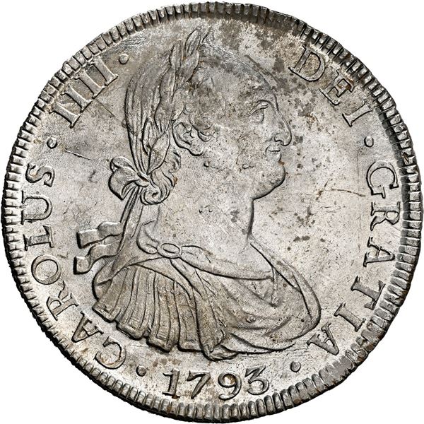 BOLIVIA, Potosí, bust 8 reales, Charles IV, 1793 PR, NGC MS 62.