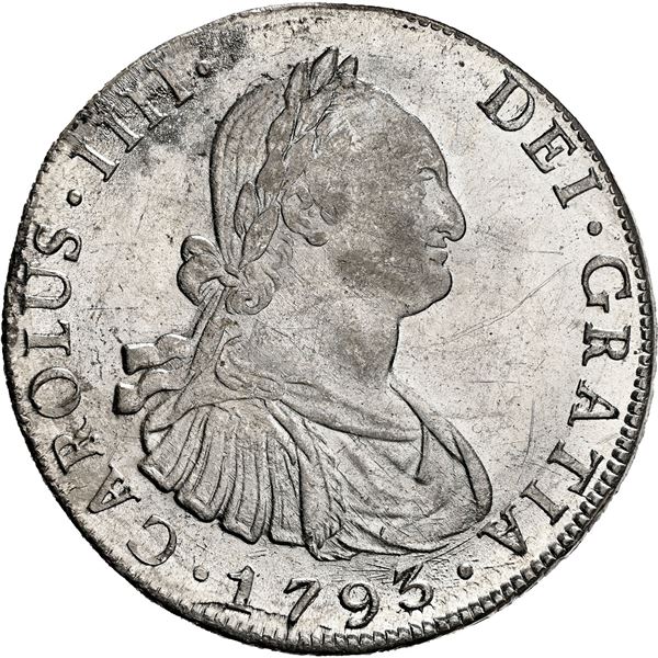 BOLIVIA, Potosí, bust 8 reales, Charles IV, 1793 PR, NGC MS 61.