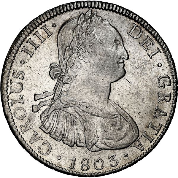 BOLIVIA, Potosí, bust 8 reales, Charles IV, 1803 PJ, NGC MS 61, "top pop," ex-Almenara.