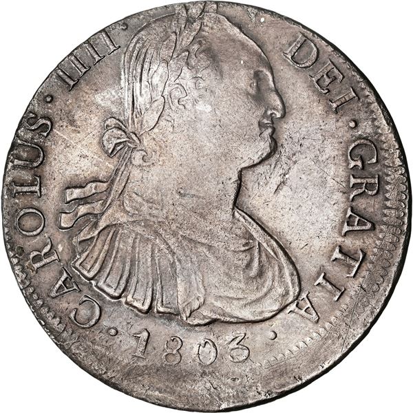 BOLIVIA, Potosí, bust 8 reales, Charles IV, 1803 PJ, struck 5% off-center mint error, NGC Mint Error