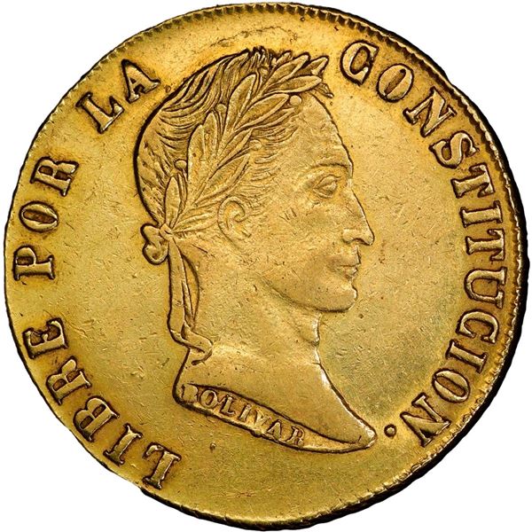BOLIVIA, Potosí, gold 8 scudos, 1852, bust of Bolívar facing right, PCGS AU53.