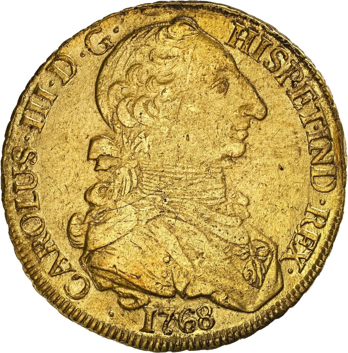 Sedwick Auction 40 Lot 842, Chile, Santiago gold bust 8 escudos, Charles III, 1768 A, upright assayer