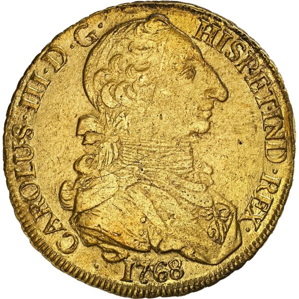 CHILE, Santiago, gold bust 8 escudos, Charles III ("rat nose" bust), 1768 A, upright assayer, very r