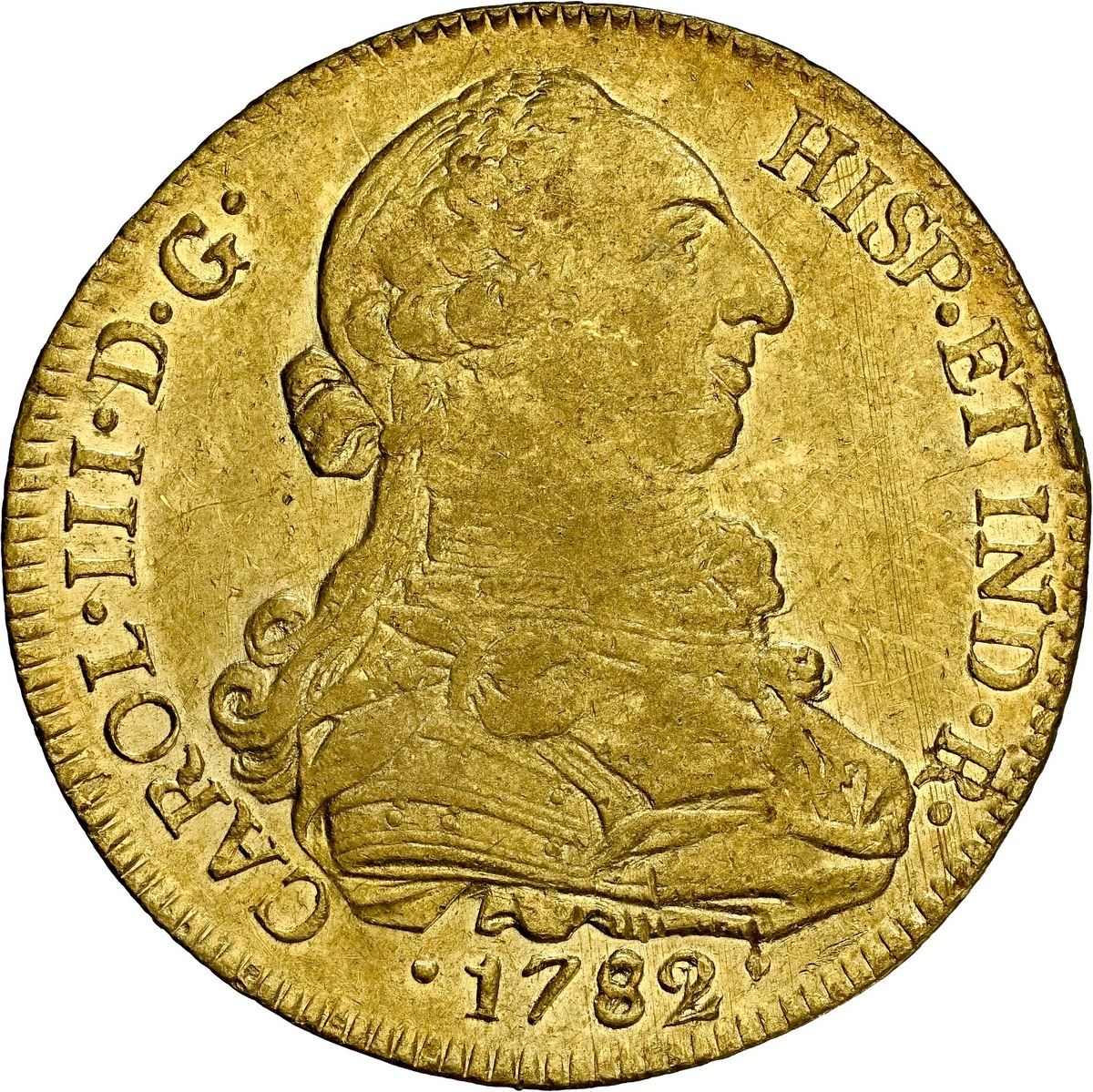 Sedwick Auction 40 Lot 843, Chile, Santiago gold bust 8 escudos, Charles III, 1782/71 DA