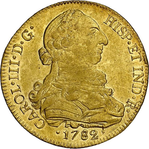 CHILE, Santiago, gold bust 8 escudos, Charles III, 1782/71 DA, NGC AU 50 (Colección Val y Mexía Labe