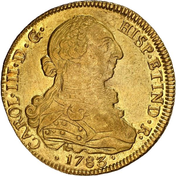CHILE, Santiago, gold bust 8 escudos, Charles III, 1783 DA, NGC AU 55, ex-Norweb (stated on label).