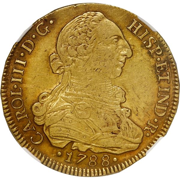 CHILE, Santiago, gold bust 8 escudos, Charles III, 1788 DA, NGC AU 53.