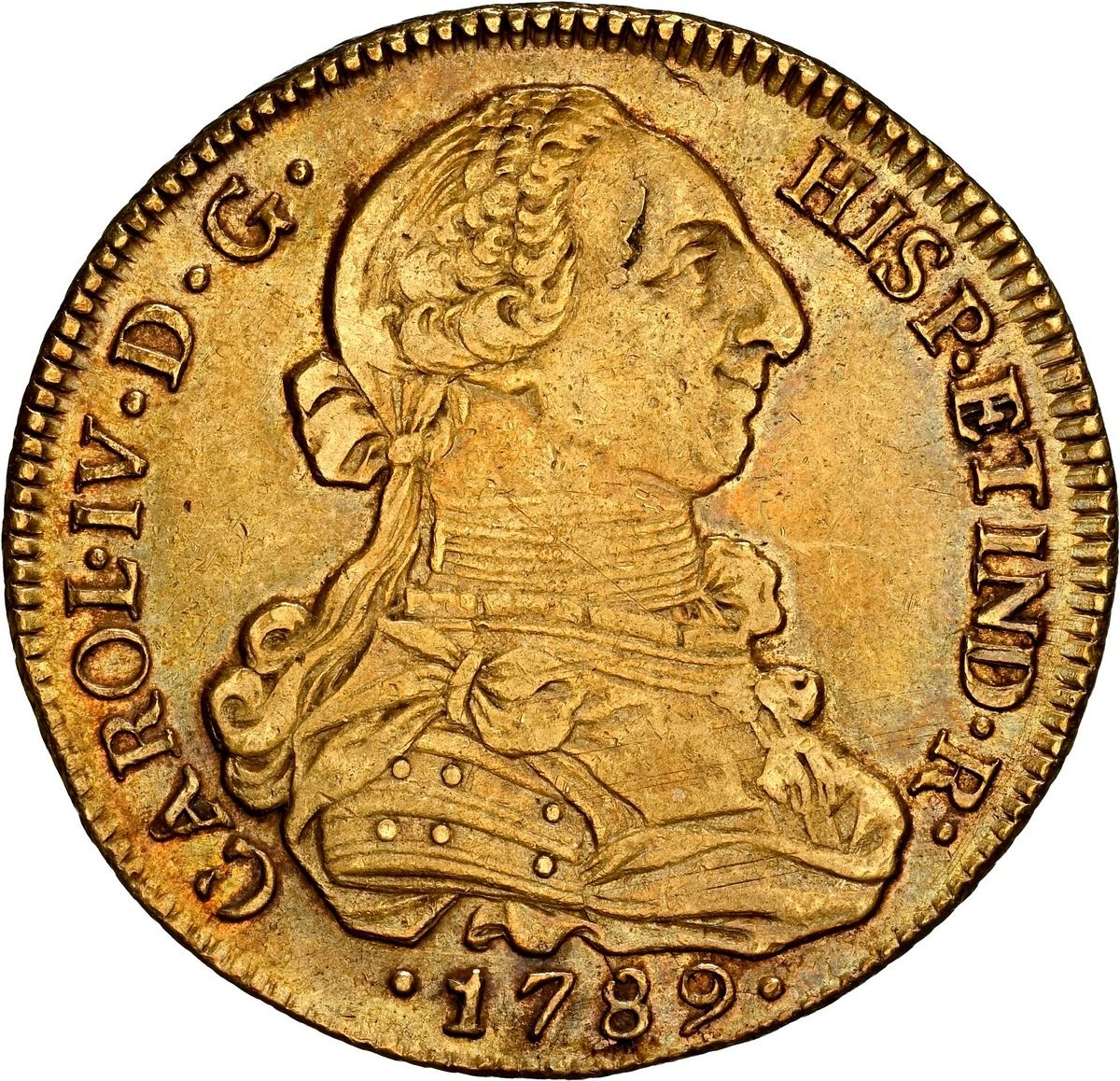 Sedwick Auction 40 Lot 847, Chile, Santiago gold bust 8 escudos, Charles IV transitional, 1789 DA, private countermark