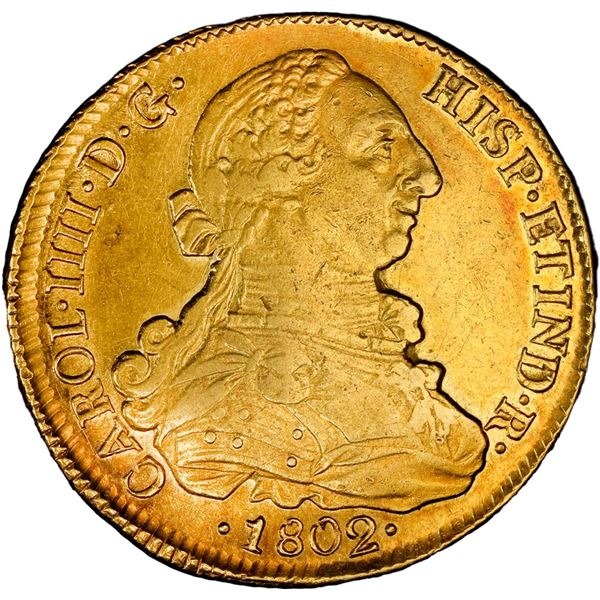 CHILE, Santiago, gold bust 8 escudos, Charles IV (bust of Charles III, ordinal IIII), 1802 JJ, PCGS 