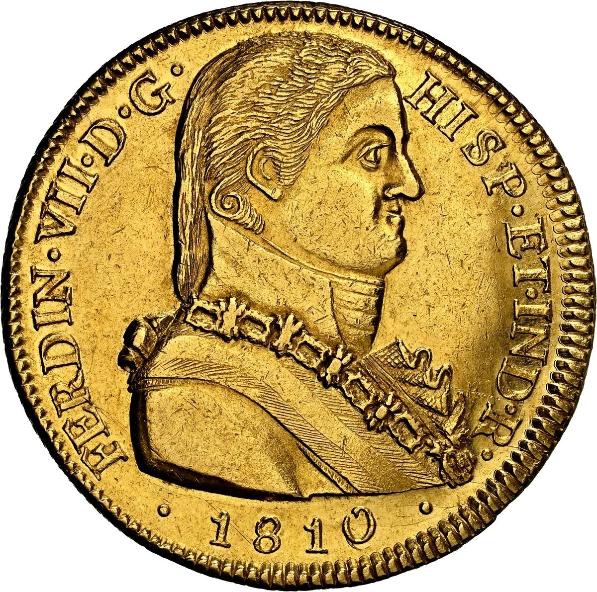 Sedwick Auction 40 Lot 849, Chile, Santiago gold bust 8 escudos, Ferdinand VII, 1810 FJ, admiral bust
