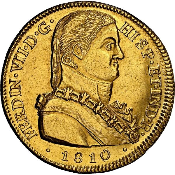 CHILE, Santiago, gold bust 8 escudos, Ferdinand VII ("admiral bust"), 1810 FJ, NGC AU 55 (Colección 