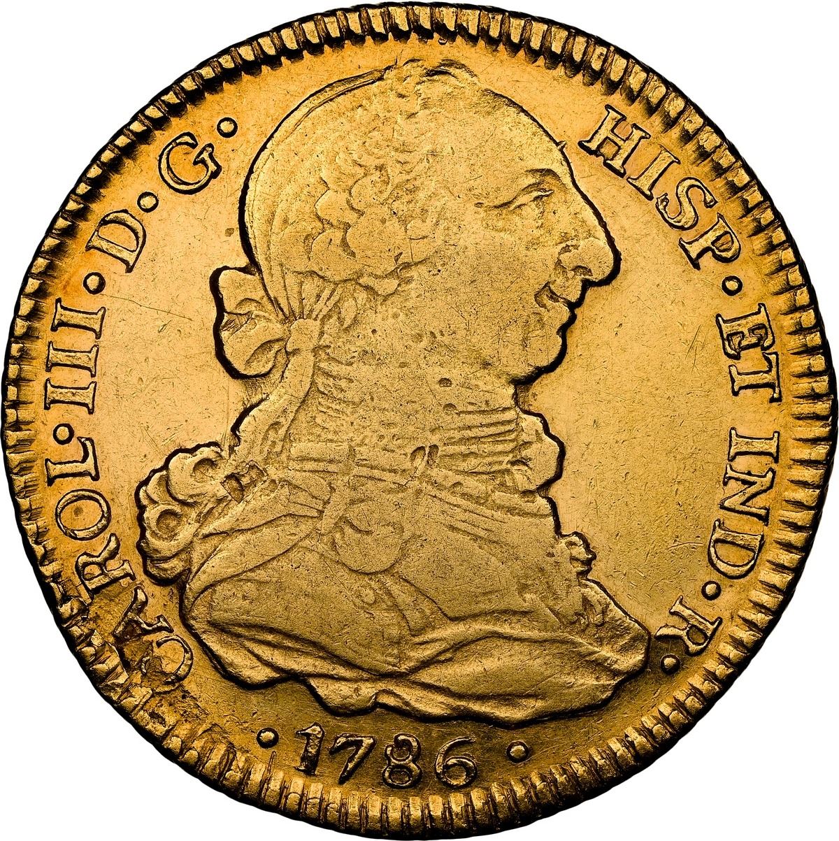 Sedwick Auction 40 Lot 851, Chile, Santiago gold bust 4 escudos, Charles III, 1786 DA