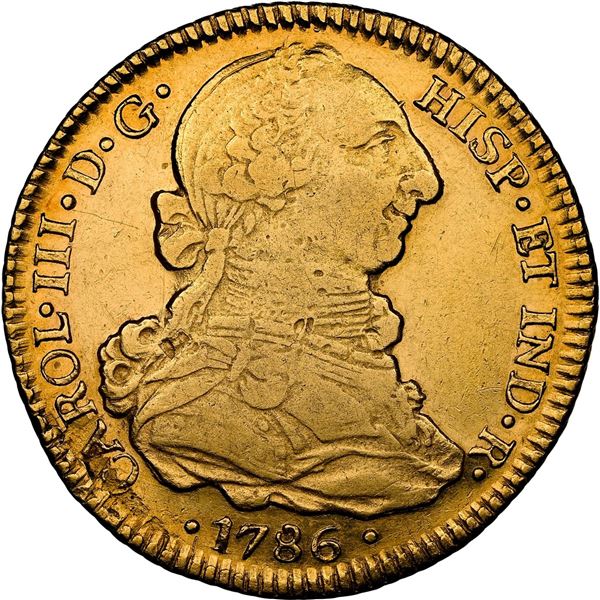 CHILE, Santiago, gold bust 4 escudos, Charles III, 1786 DA, very rare, NGC AU 50, finest and only ex