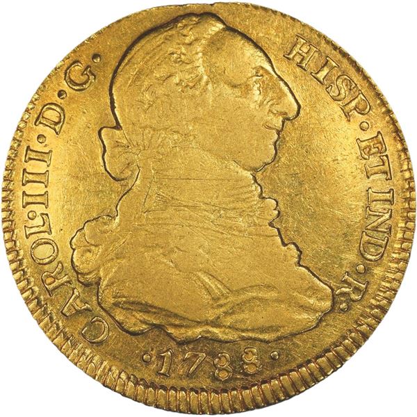 CHILE, Santiago, gold bust 4 escudos, Charles III, 1788 DA, very rare, PCGS XF45, finest and only ex