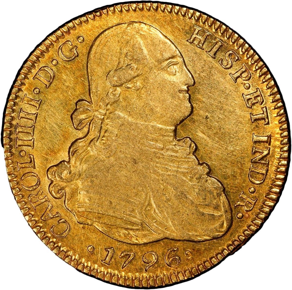 Sedwick Auction 40 Lot 853, Chile, Santiago gold bust 4 escudos, Charles IV, 1796 DA