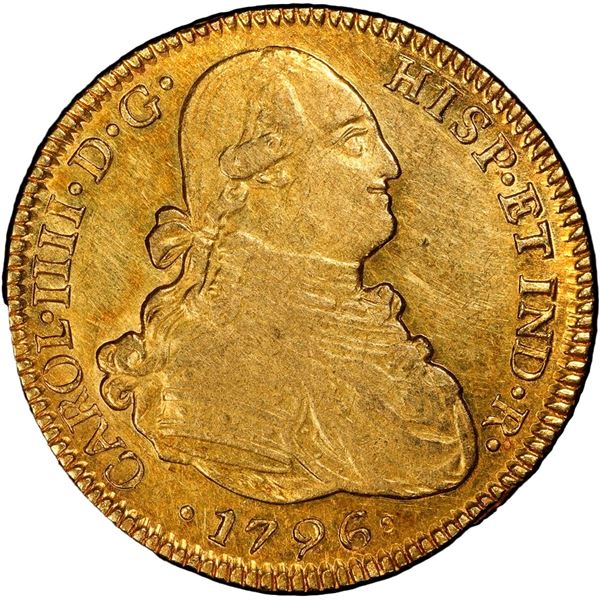 CHILE, Santiago, gold bust 4 escudos, Charles IV, 1796 DA, rare, PCGS AU55, finest and only example 