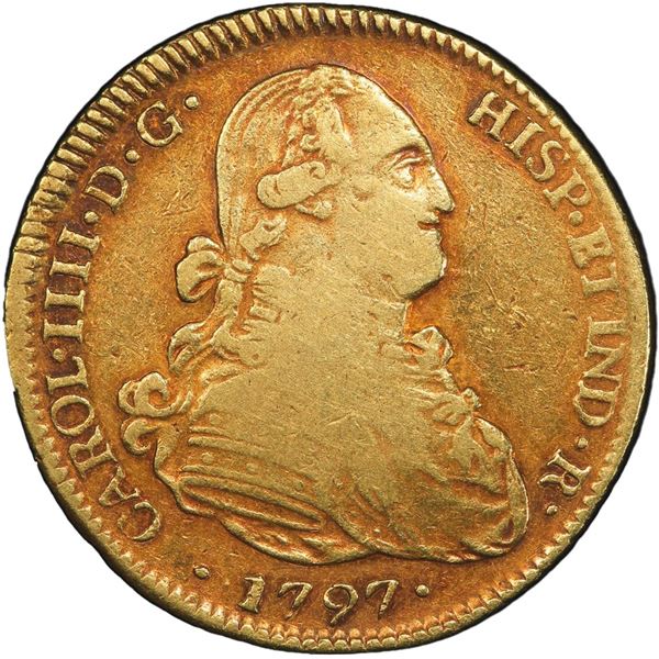 CHILE, Santiago, gold bust 4 escudos, Charles IV, 1797 DA, rare, PCGS VF20, finest and only example 