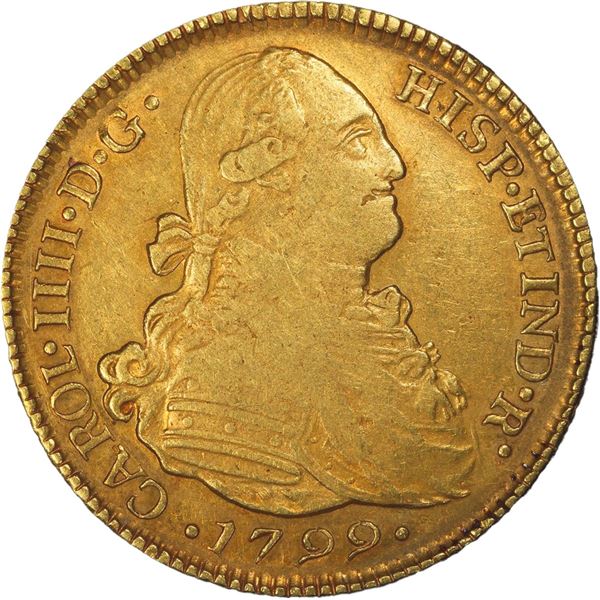 CHILE, Santiago, gold bust 4 escudos, Charles IV, 1799 DA, very rare, PCGS AU50, finest and only exa
