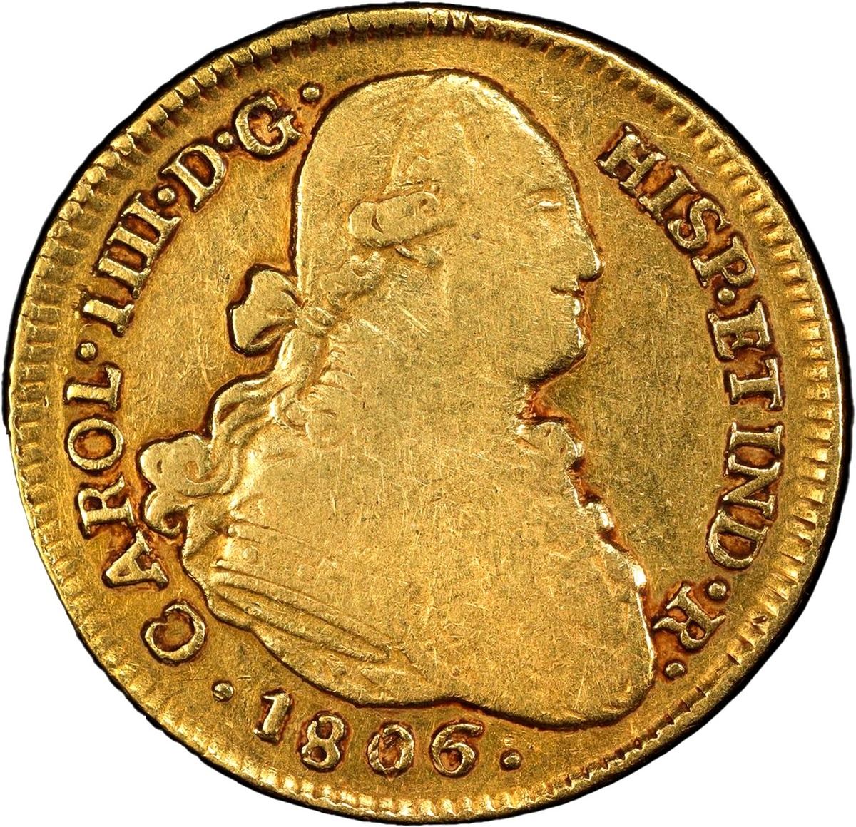 Sedwick Auction 40 Lot 857, Chile, Santiago gold bust 4 escudos, Charles IV, 1806 FJ/JF