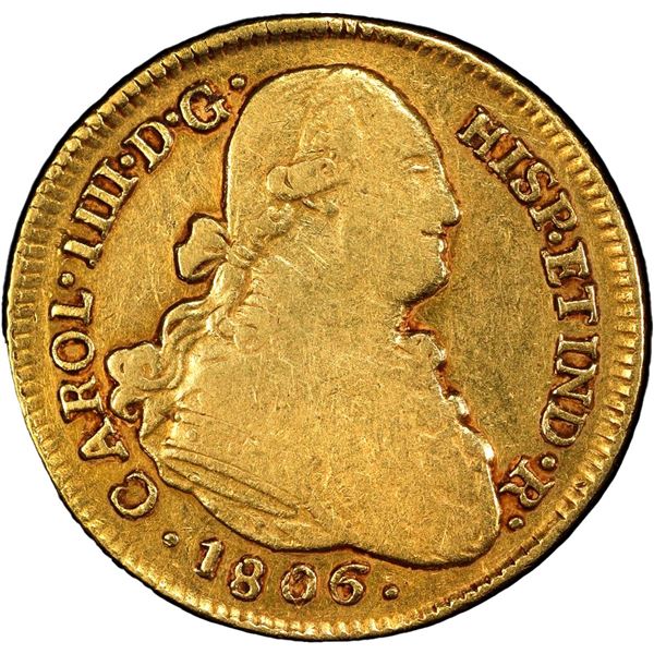 CHILE, Santiago, gold bust 4 escudos, Charles IV, 1806 FJ/JF, extremely rare, PCGS VF30, finest and 