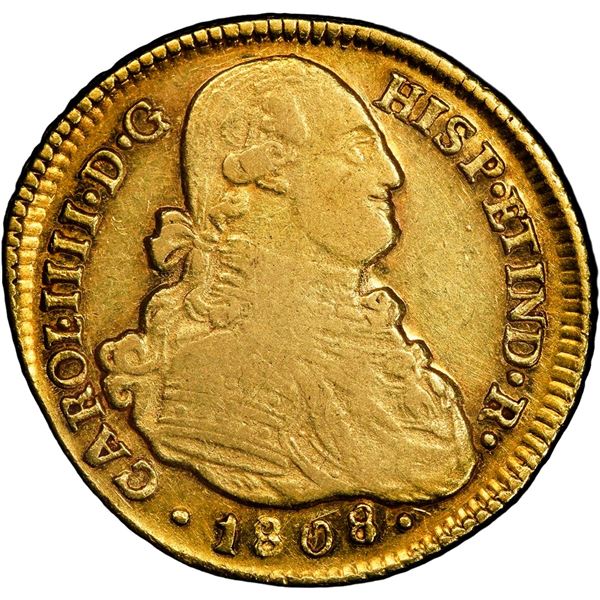 CHILE, Santiago, gold bust 4 escudos, Charles IV, 1808/7 FJ, rare, PCGS XF45, finest and only exampl