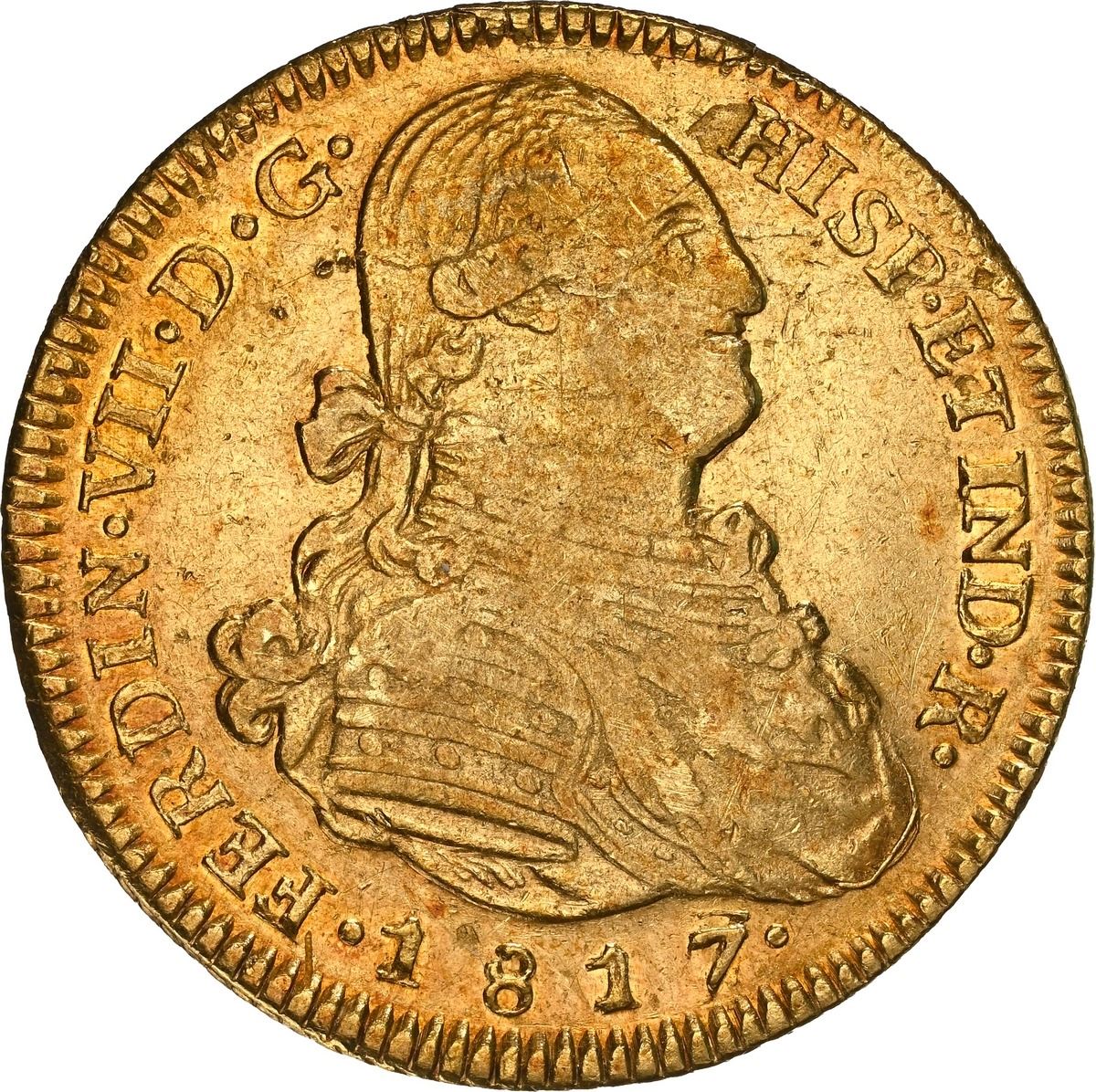 Sedwick Auction 40 Lot 859, Chile, Santiago gold bust 4 escudos, Ferdinand VII, 1817 FJ, bust of Charles IV