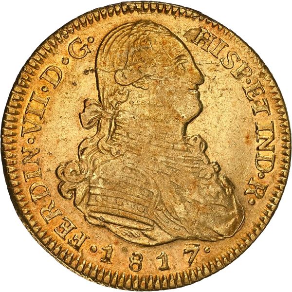 CHILE, Santiago, gold bust 4 escudos, Ferdinand VII (bust of Charles IV), 1817 FJ, extremely rare, N