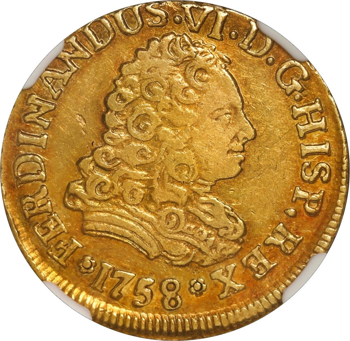 Sedwick Auction 40 Lot 860, Chile, Santiago gold bust 2 escudos, Ferdinand VI, 1758 J, bust of Philip V