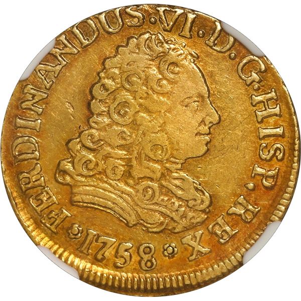 CHILE, Santiago, gold bust 2 escudos, Ferdinand VI (bust of Philip V), 1758 J, extremely rare, NGC A