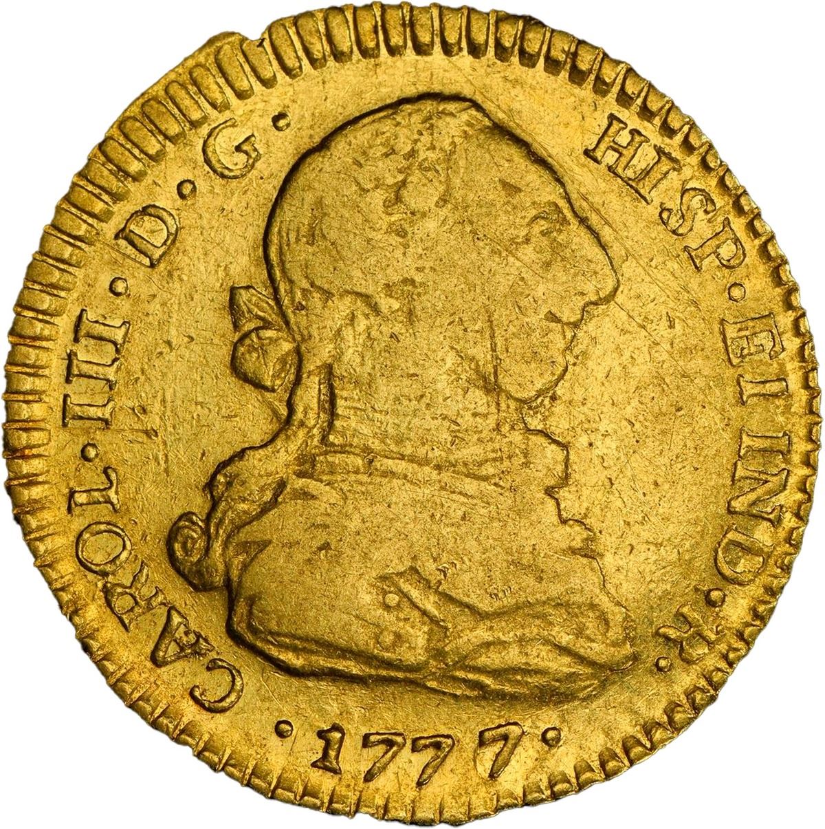 Sedwick Auction 40 Lot 861, Chile, Santiago gold bust 2 escudos, Charles III, 1777/6 DA