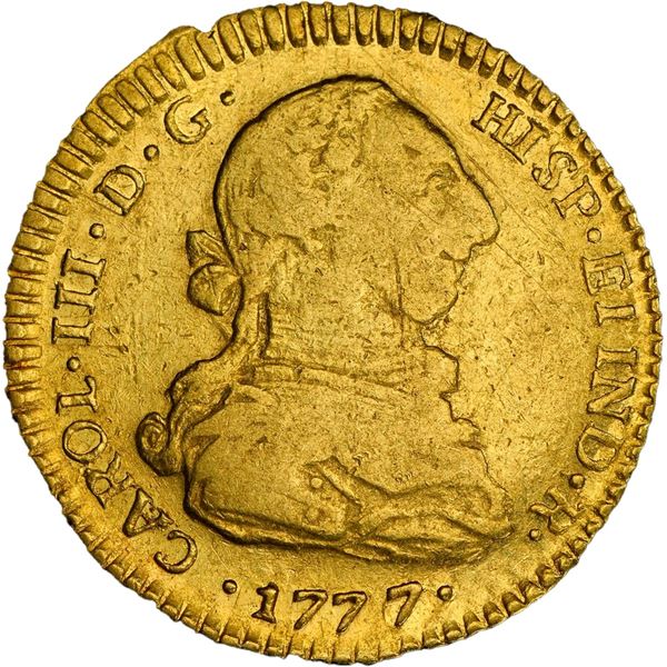 CHILE, Santiago, gold bust 2 escudos, Charles III, 1777/6 DA, very rare, PCGS VF20, finest and only