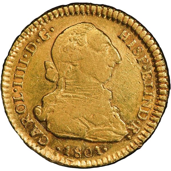 CHILE, Santiago, gold bust 2 escudos, Charles IV (bust of Charles III), 1801 AJ, very rare, PCGS XF4
