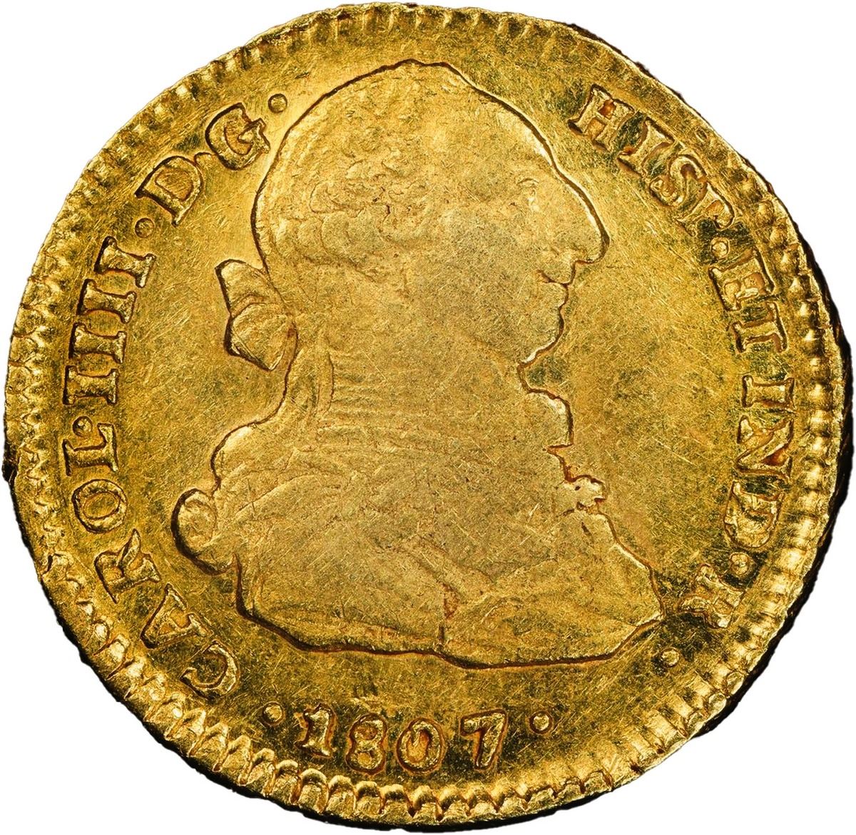 Sedwick Auction 40 Lot 864, Chile, Santiago gold bust 2 escudos, Charles IV, 1807 FJ, bust of Charles III