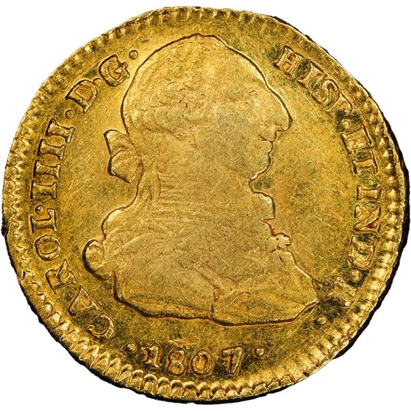 CHILE, Santiago, gold bust 2 escudos, Charles IV (bust of Charles III), 1807 FJ, extremely rare, PCG