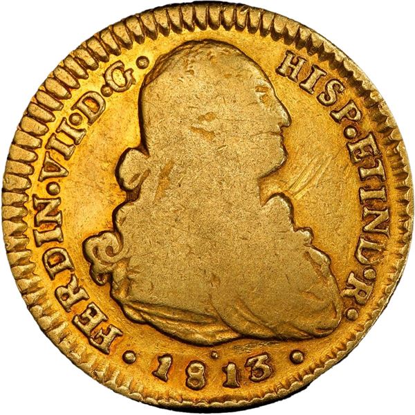 CHILE, Santiago, gold bust 2 escudos, Ferdinand VII (bust of Charles IV), 1813 FJ, extremely rare, P