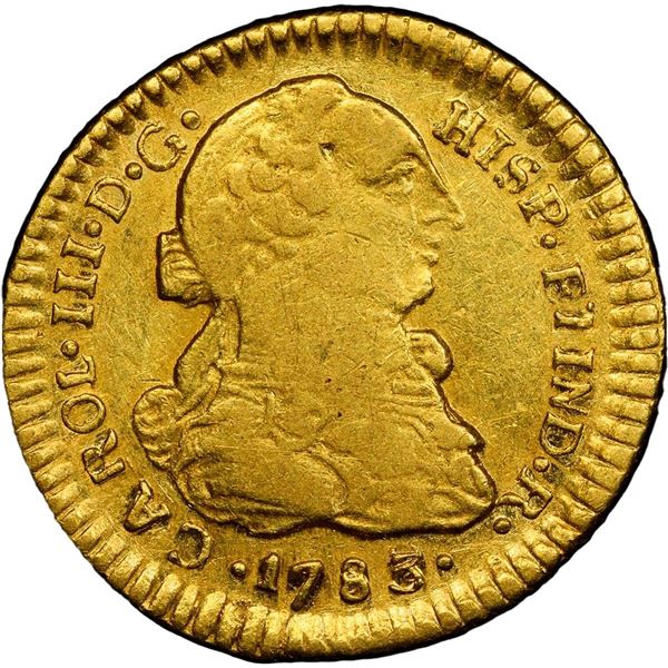 CHILE, Santiago, gold bust 1 escudo, Charles III, 1783/2 DA, very rare, PCGS XF45, finest and only e
