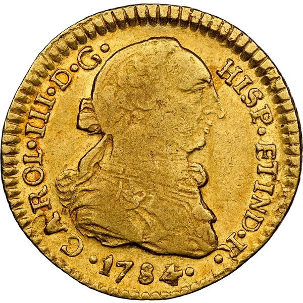 CHILE, Santiago, gold bust 1 escudo, Charles III, 1784/3 DA, very rare, NGC XF 45, finest known in N